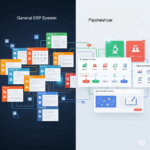 تصویر مقایسهای دو بخش شامل یک رابط کاربری پیچیده و چندماژولی برای سیستمهای ERP عمومی (نظیر SAP) در سمت چپ با رنگهای سازمانی و درهمتنیدگی زیاد، و یک رابط کاربری متمرکز و تخصصیتر برای سیستم مدیریت پژوهش (نظیر پژوهشیار) در سمت راست با طراحی آکادمیک و متمرکز بر وظایف پژوهشی، که تفاوت در گستردگی و تخصص هر سیستم را نشان میدهد.