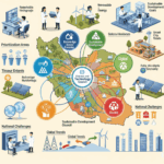 اینفوگرافیک با جزئیات بالا که اولویتبندی تحقیقات علمی و فناوری در ایران را با اهداف توسعه پایدار جهانی و اقتصاد دانشبنیان مرتبط میکند. نقشه ایران در مرکز قرار دارد که بخشهای مختلفی مانند انرژیهای تجدیدپذیر، مدیریت آب، و فناوریهای دیجیتال را نشان میدهد. نمادهایی برای «اقتصاد دانشبنیان»، «توسعه پایدار» و «روندهای جهانی» نیز دیده میشوند.