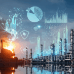 تصویری مفهومی که مدیریت ریسک در پروژههای تحقیق و توسعه (R&D) در صنایع فولاد و پتروپالایشگاهی را نشان میدهد. این تصویر عناصر صنعتی مانند کارخانه فولاد و پالایشگاه نفت را با نمایشهای انتزاعی از تحلیل دادهها، نمودارها و سپرهای محافظتی ترکیب کرده است تا پیچیدگیهای فنی، عدم قطعیتهای بازار و تصمیمگیری استراتژیک را به تصویر بکشد.