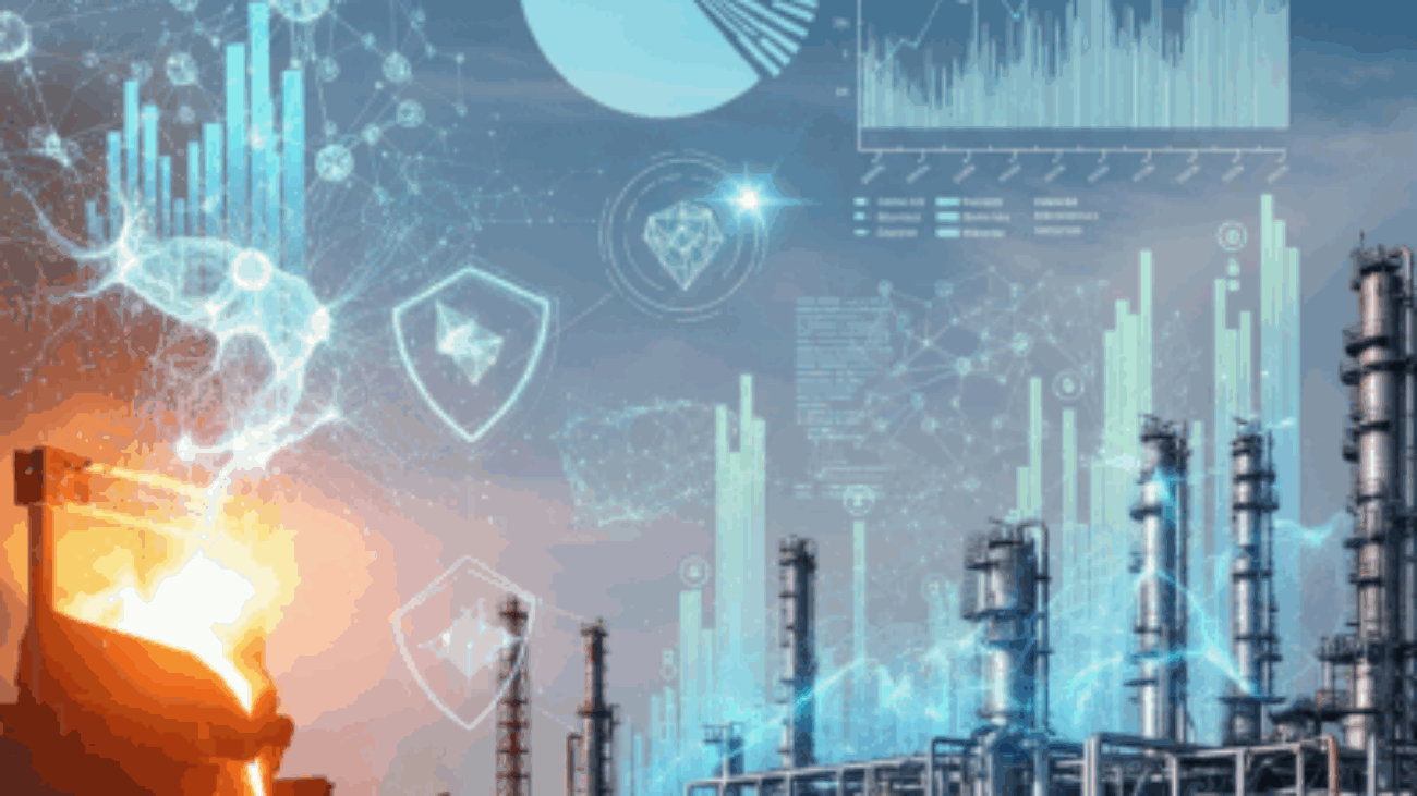 تصویری مفهومی که مدیریت ریسک در پروژه‌های تحقیق و توسعه (R&D) در صنایع فولاد و پتروپالایشگاهی را نشان می‌دهد. این تصویر عناصر صنعتی مانند کارخانه فولاد و پالایشگاه نفت را با نمایش‌های انتزاعی از تحلیل داده‌ها، نمودارها و سپرهای محافظتی ترکیب کرده است تا پیچیدگی‌های فنی، عدم قطعیت‌های بازار و تصمیم‌گیری استراتژیک را به تصویر بکشد.