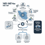 اینفوگرافیکی دقیق که برنامه راهبردی ۱۴۰۳-۱۴۰۷ شورای عالی علوم، تحقیقات و فناوری (عتف) ایران را نشان میدهد. نقشه ایران با نماد چرخدنده در مرکز، نقش آن را در سیاستگذاری علمی و فناوری برای توسعه پایدار و اقتصاد دانشبنیان برجسته میکند. گرههای متصل به هم شامل «روندهای کلان جهانی»، «نیازهای جامعه و صنعت»، «محدودیت منابع» و «تأثیر رویدادهای پیشبینینشده» اینفوگرافیک را احاطه کردهاند. همچنین، رویکردهای «از بالا به پایین» و «مشارکتی» در اولویتبندی و مفهوم «پر کردن شکاف» بین تحقیقات و نیازها نیز در آن به تصویر کشیده شده است.
