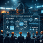 تصویری پویا و دقیق از صنعت فولاد ایران به عنوان محرک استراتژیک توسعه اقتصادی. یک کارخانه فولاد مدرن با عناصر فناوری پیشرفته و تحقیق در مرکز تصویر قرار دارد. گروهی از متخصصان در اطراف یک نمایشگر هولوگرافیک بزرگ جمع شدهاند که اولویتهای تحقیق و فناوری ۱۴۰۳-۱۴۰۷ را نشان میدهد، از جمله مدیریت صنعت و فناوری، بهینهسازی زنجیره تأمین، کنترل کیفیت، توسعه دانش فنی و رقابتپذیری جهانی.