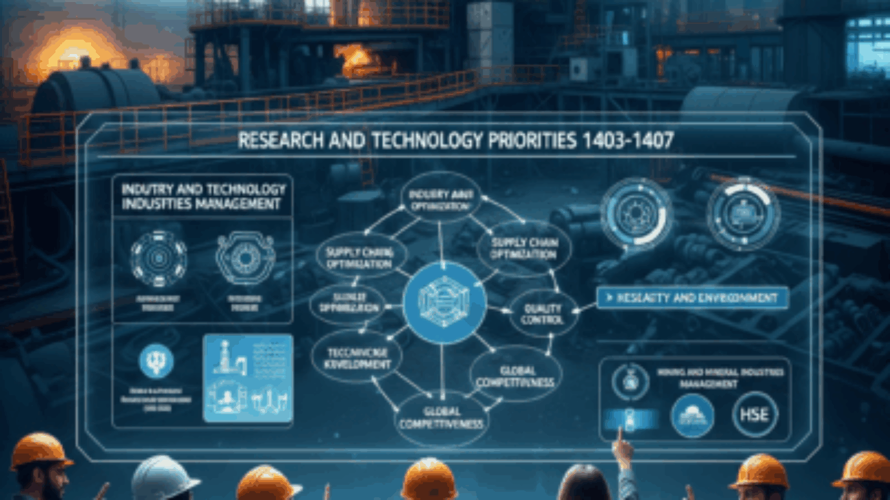 تصویری پویا و دقیق از صنعت فولاد ایران به عنوان محرک استراتژیک توسعه اقتصادی. یک کارخانه فولاد مدرن با عناصر فناوری پیشرفته و تحقیق در مرکز تصویر قرار دارد. گروهی از متخصصان در اطراف یک نمایشگر هولوگرافیک بزرگ جمع شده‌اند که اولویت‌های تحقیق و فناوری ۱۴۰۳-۱۴۰۷ را نشان می‌دهد، از جمله مدیریت صنعت و فناوری، بهینه‌سازی زنجیره تأمین، کنترل کیفیت، توسعه دانش فنی و رقابت‌پذیری جهانی.