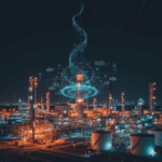 نمایی شبانه از یک پالایشگاه بزرگ پتروشیمی با نورپردازیهای صنعتی نارنجی و آبی. در مرکز تصویر، یک راکتور اصلی دیده میشود که توسط خطوط دادههای درخشان و انتزاعی (مانادند نور یا شبکههای دیجیتال) احاطه شده است. این خطوط دادهای، که نماد تحقیق، توسعه و مدیریت پژوهش هستند، بهسمت بالا و آینده حرکت میکنند.