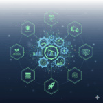 تصویری مفهومی با نمادهایی از صنعت پتروپالایشگاهی (دکل حفاری نفت، پالایشگاه)، تحقیق و توسعه (چرخ دنده، ذرهبین، موشک، مغز، کتاب) و مفاهیم مرتبط با تابآوری (سپر، برگ). این عناصر به صورت انتزاعی در کنار هم قرار گرفتهاند و ارتباط بین نوآوری و مقاومت در برابر بحرانها را نشان میدهند.