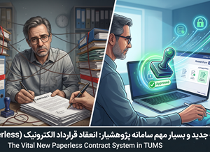 مقایسه فرآیند سنتی و دیجیتال قراردادها؛ سمت چپ: پژوهشگر کلافه میان انبوهی از پروندههای کاغذی و خطاهای اداری، سمت راست: فرآیند امن، سریع و الکترونیکی سامانه پژوهشیار با نمادهای سپر محافظتی و صیانت از بودجه.
